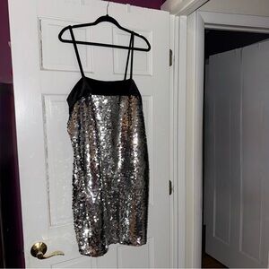 Open Edit Silver Sequin Slip Dress with Black Velvet Trim